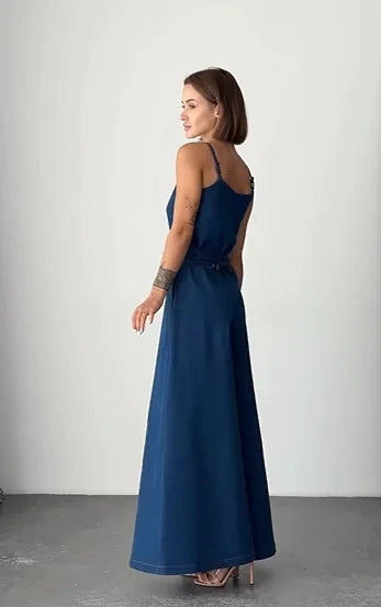 Minimalist Style Deep Blue V-Neck Spaghetti Strap Waist-Cinched Wide-Leg Jumpsuit