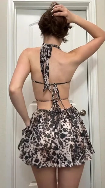 Leopard Print Halter Backless Waist-Cinching Ruffled Mini Dress