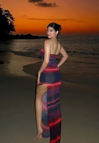 Gradient Red & Purple Strapless Ruched High Slit Sheer Mesh Beach Vacation Maxi Dress