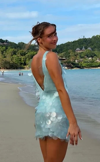 Light Blue Large Sequin Backless Vacation Mini Dress