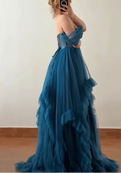 Sexy off-the-Shoulder Tube Top Mesh Solid Color Evening Maxi Dress