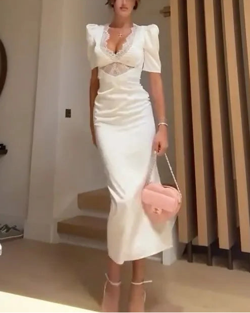 Sexy Lace V-neck Stitching Solid Color Slim Midi Dress