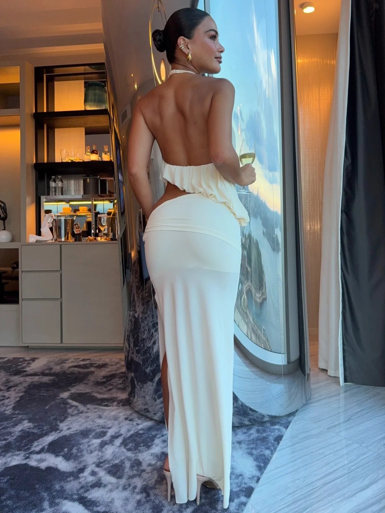 Off-White Halter Backless Ruched Crop Top & High Waist Slit Bodycon Maxi Skirt Elegant Evening Two-Piece Set