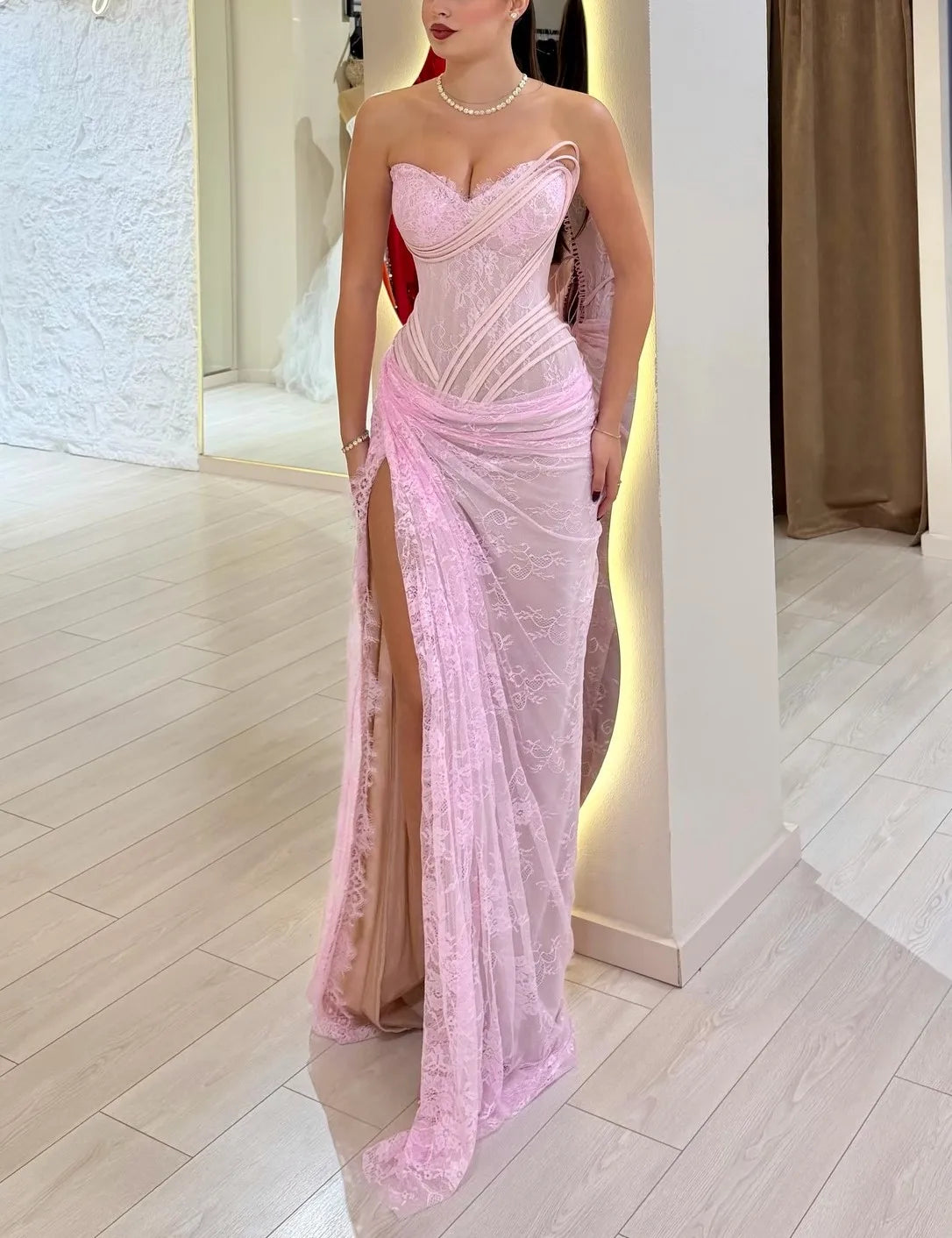 Sexy Tube Top Lace Waist High Slit Dress