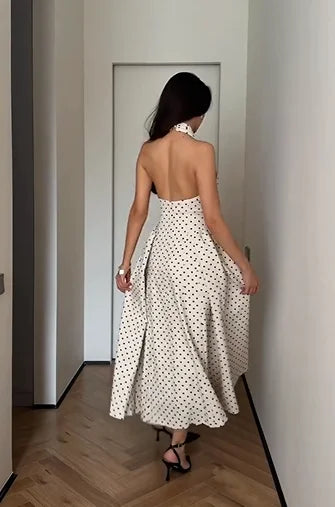 Cream Polka Dot Halter Bow Fit-and-Flare Midi Dress