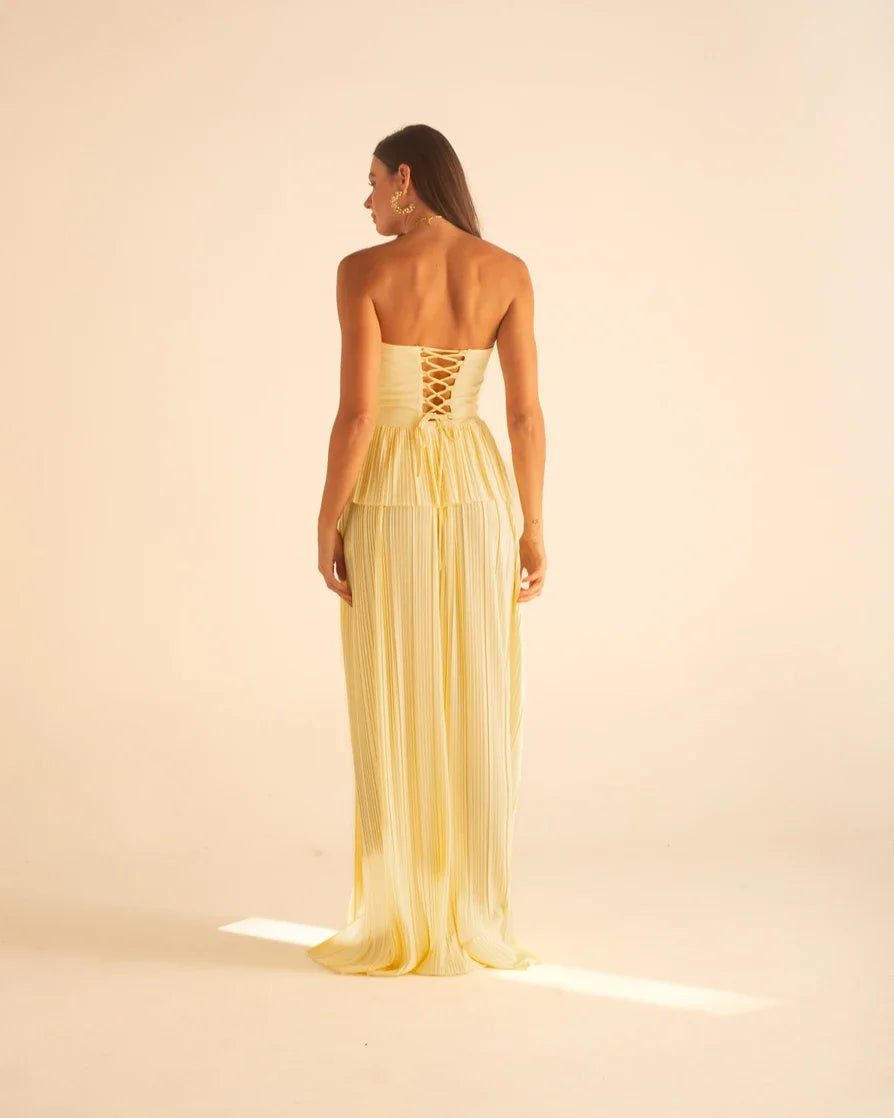 French Style Pale Yellow Bandeau Pleated Backless Lace-Up Flowy Maxi Dress