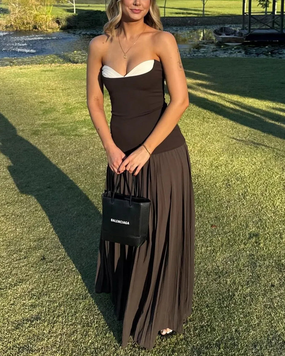 Sexy Contrast Color Bandeau One-Shoulder Stitching Dress