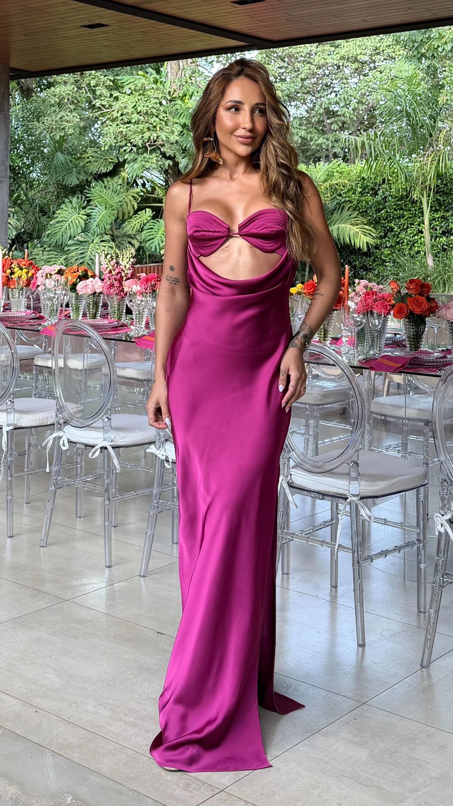 Fuchsia Satin Cutout Cami Maxi Dress - Sexy Draped Evening Gown