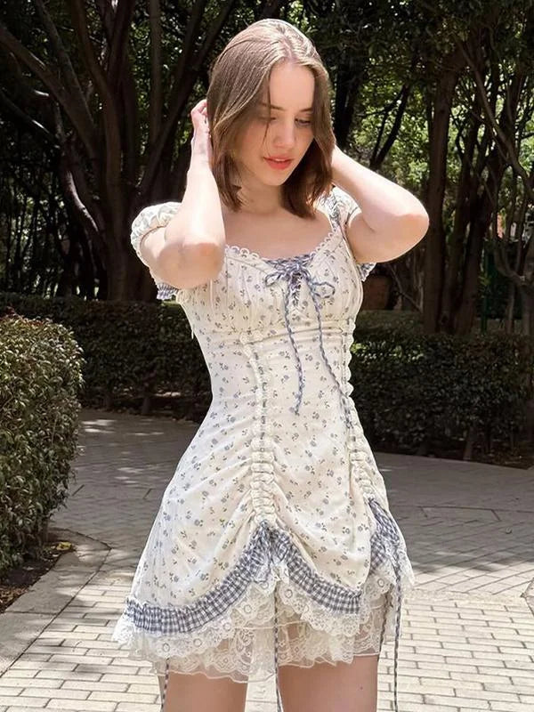 French Countryside Floral Ruched Puff Sleeve Dress | Girly Lace Trim Mini Dress