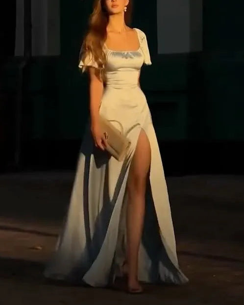 Sexy U Collar Waist-Tight High Slit Solid Color Maxi Dress