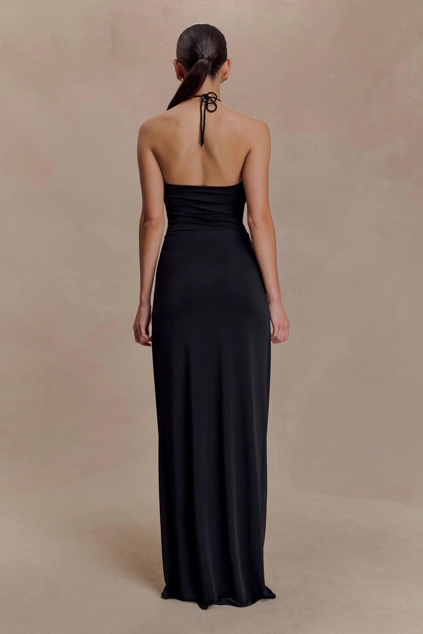 Black Gold Buckle Decor Halter Backless Waist-Fitted Draped Floor-Length Evening Gown
