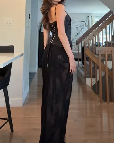 Sexy Strap Stitching Elegant Lace Maxi Dress