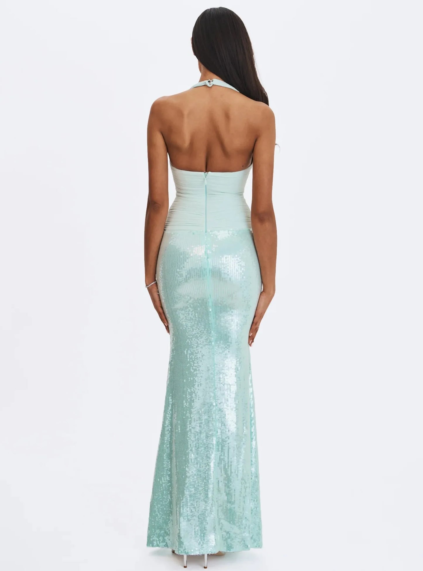 Sexy Halter Deep V Sequin Waist-Cinched Floor-Length Maxi Dress
