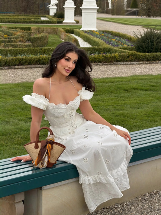 French Vintage Halter Off Shoulder Lace Corset Embroidered Maxi Dress