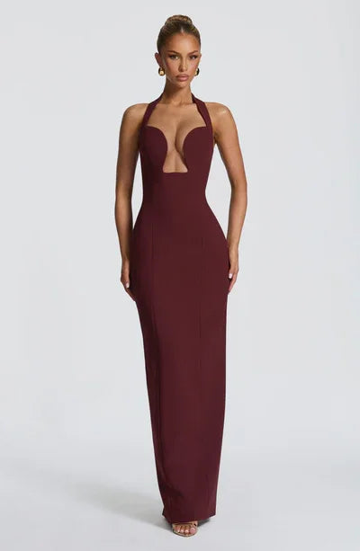 Halter Cutout Lace-Up Waist Bodycon Maxi Evening Dress