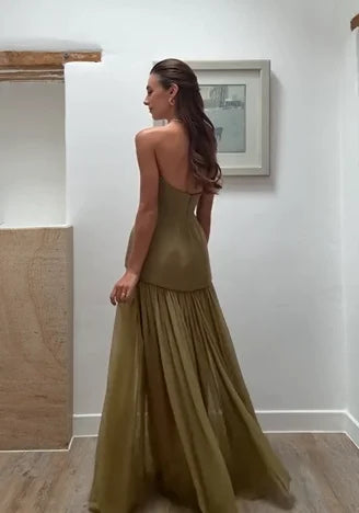 Sexy Tube Top Pleated Solid Color Skirt Suit