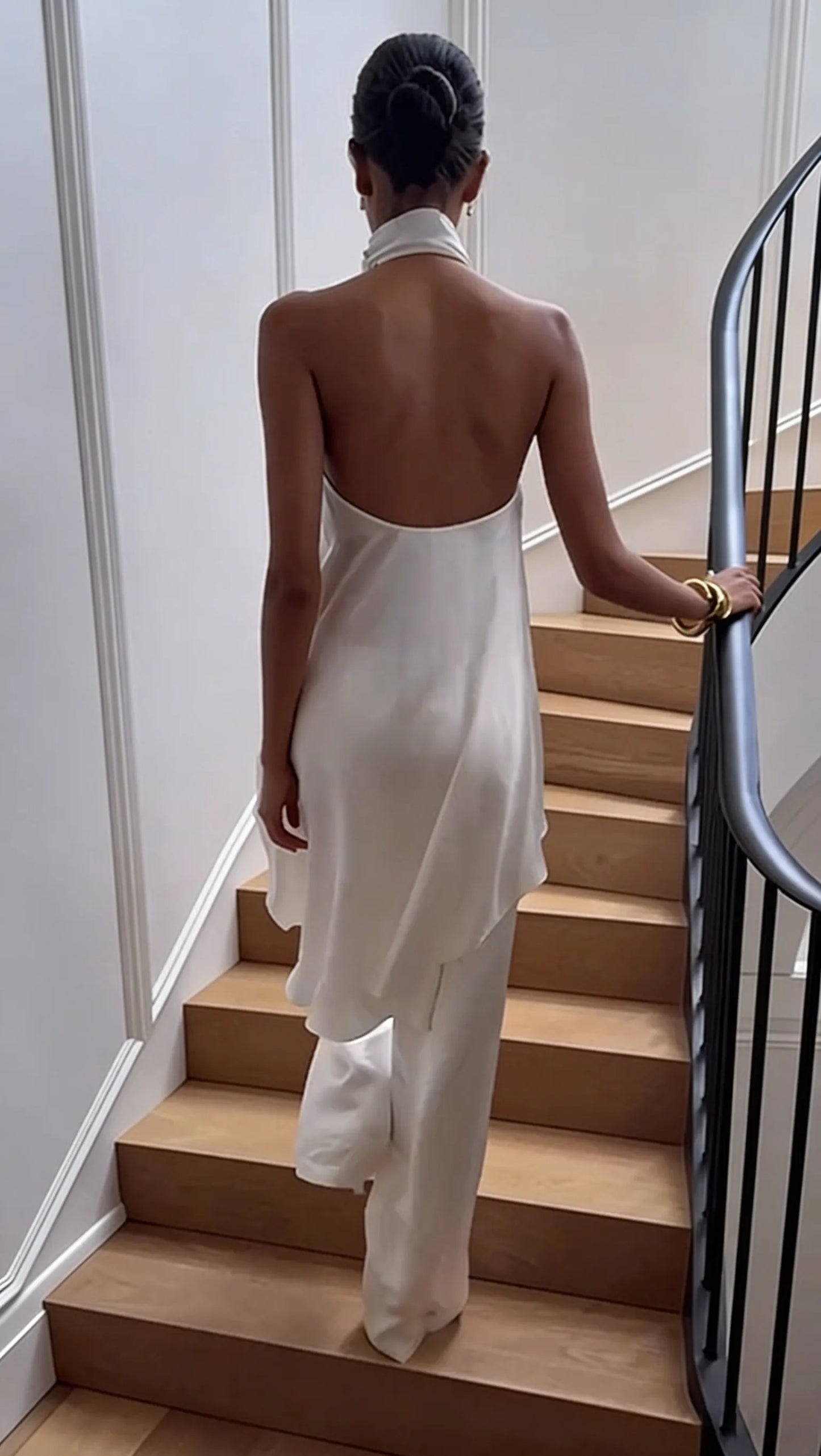 Halter Open-Back Satin Top + Wide-Leg Pants Set