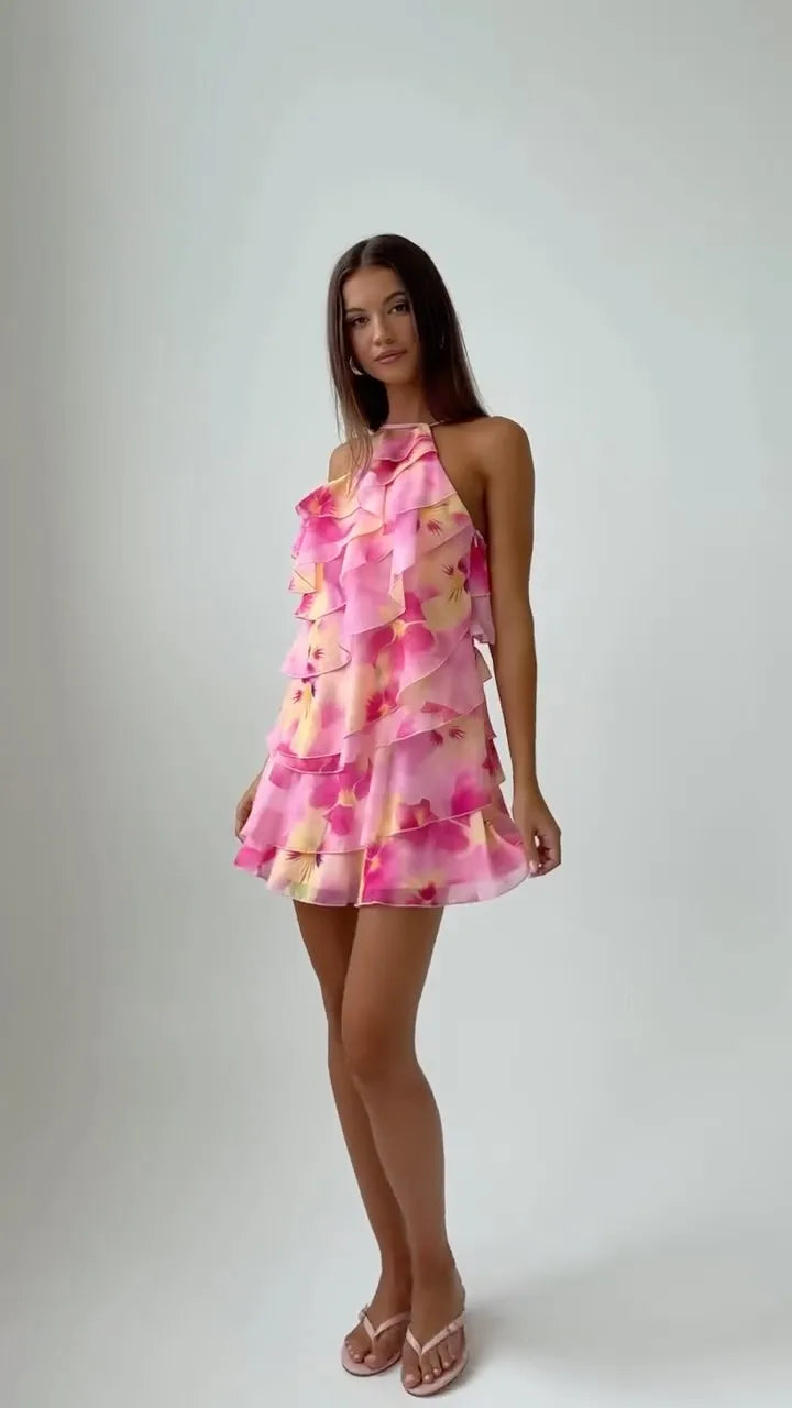 Pink Floral Halter Ruffled Chiffon Party Dress