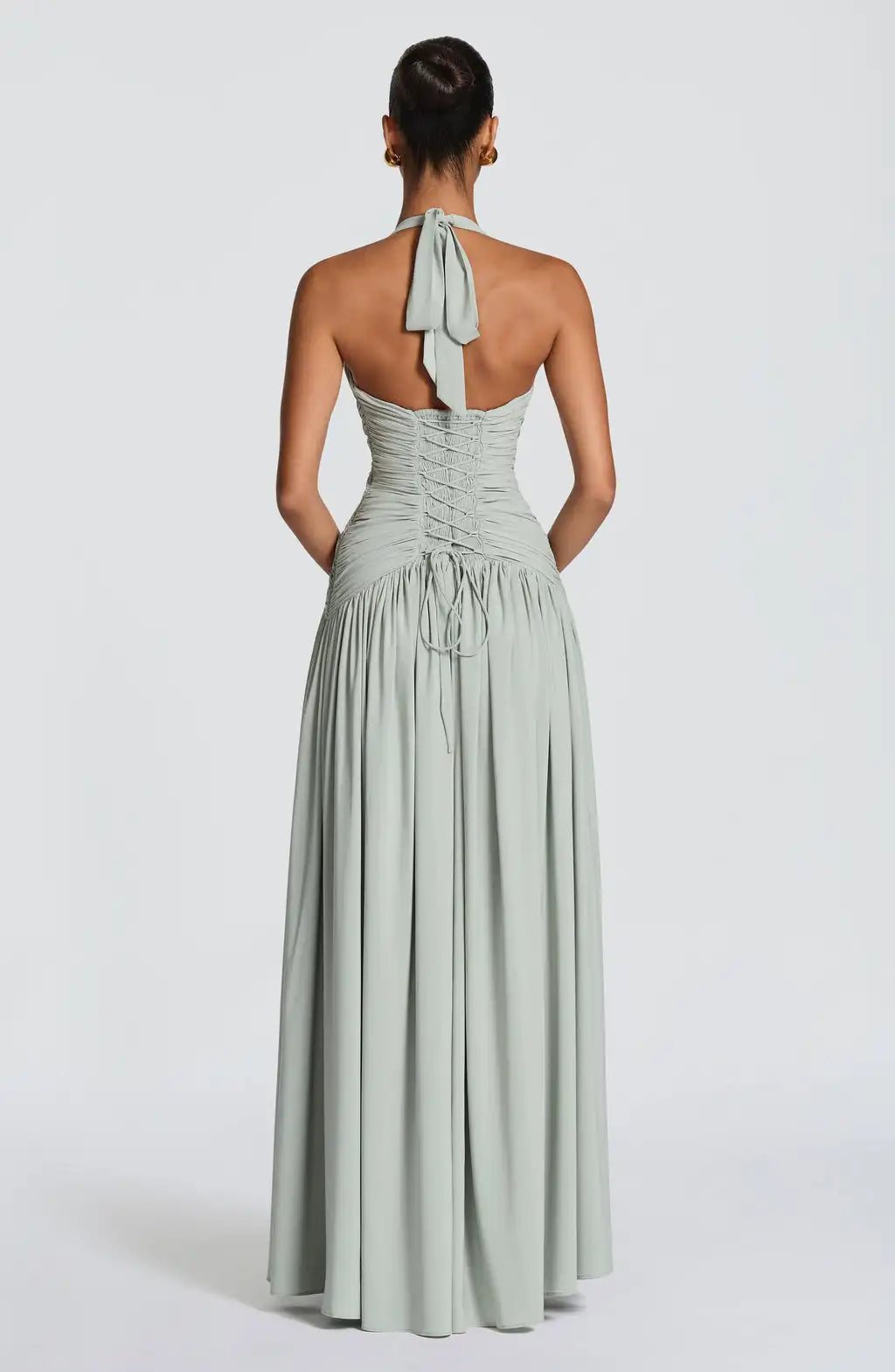 Sage Green Halter Deep V Ruched Waist Side Slit Maxi Dress