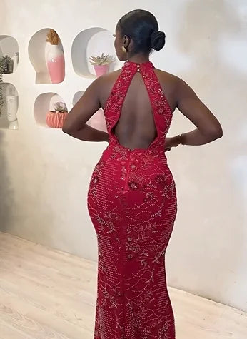 Sexy Halter Embroidered Elegant Dress