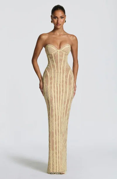 Strapless Off Shoulder Lace Corset Back Mermaid Maxi Evening Dress