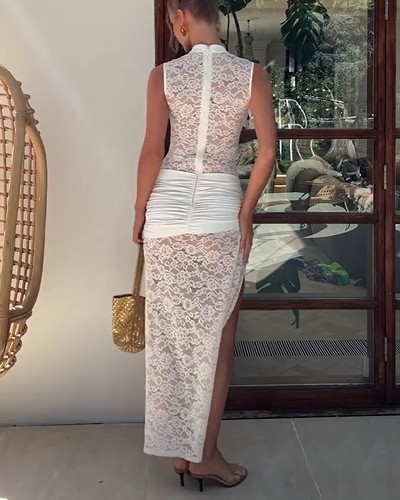Sexy Sleeveless Hollow Lace Solid Color Slit Maxi Dress