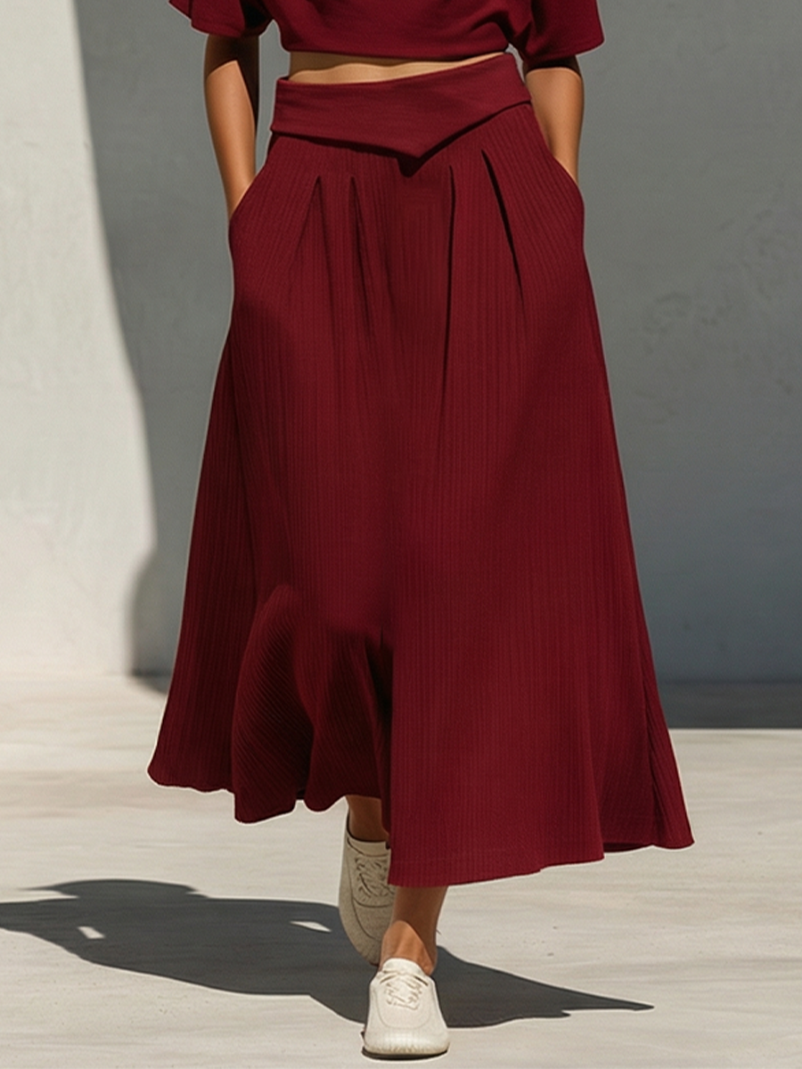 Women's Burgundy Lightweight Knit Set With Relaxed Fit & Side Pockets, Contemporary Effortless-Resort Style Set
