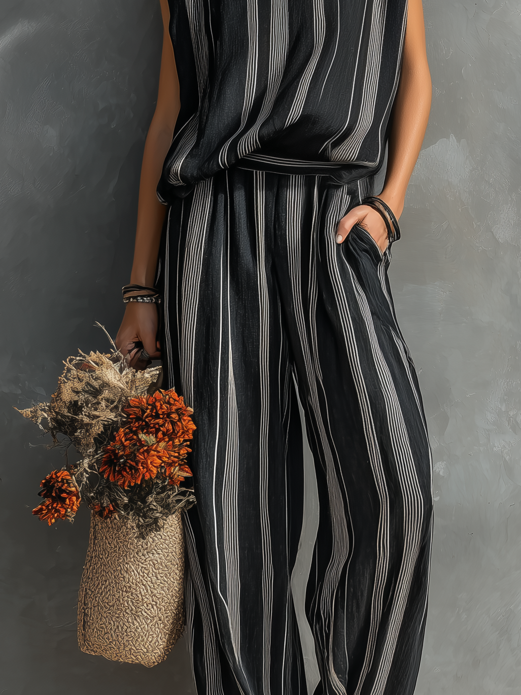 Women's Casual Black And White Striped Woven Crew-Neck Sleeveless Top And Trousers Set