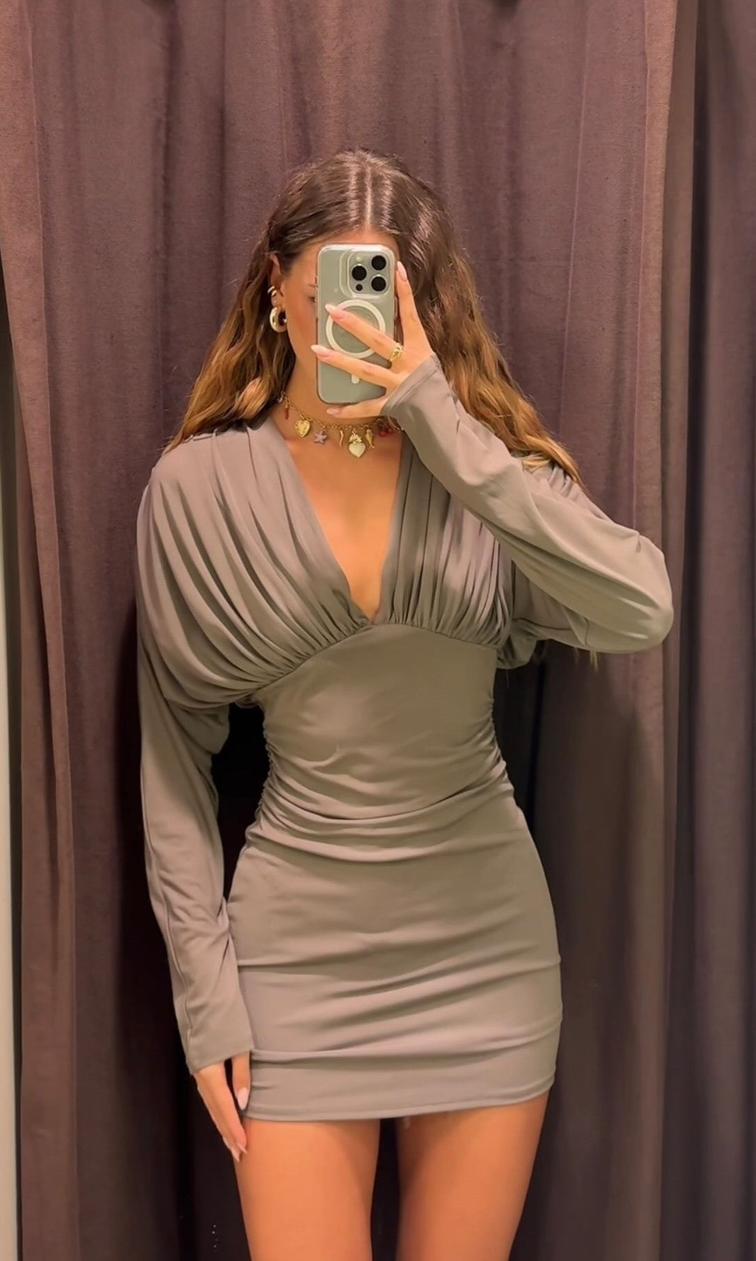 Sexy Long Sleeve Deep V Pleated Slim Fit Mini Dress