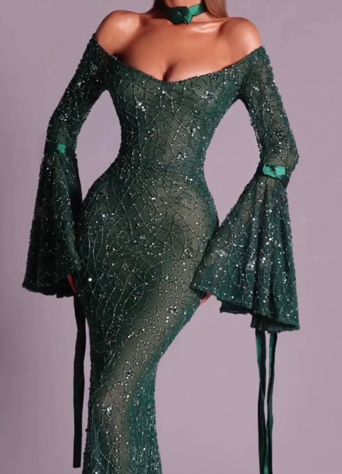 Mesh Silver Square Sexy off-the-Shoulder Horn Long Sleeve Dress