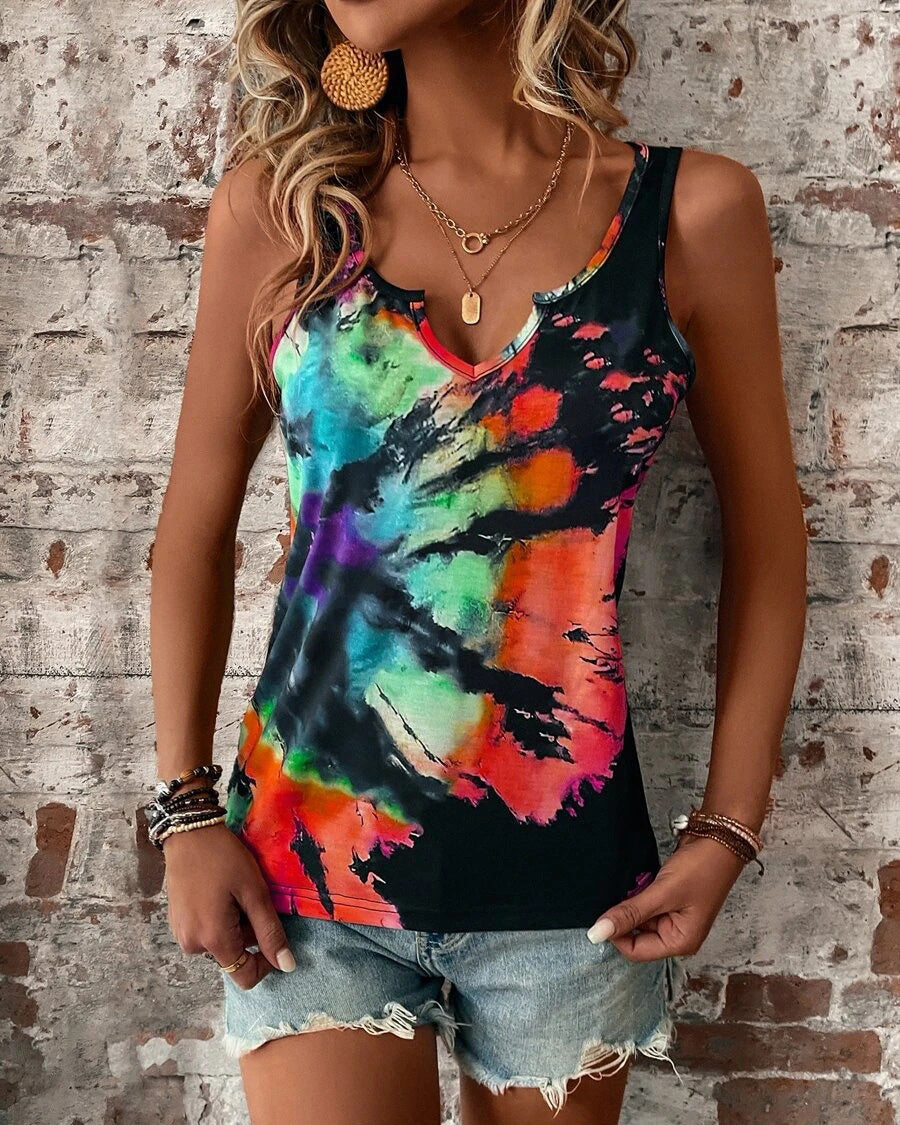 COLOR PRINT V NECK TOP