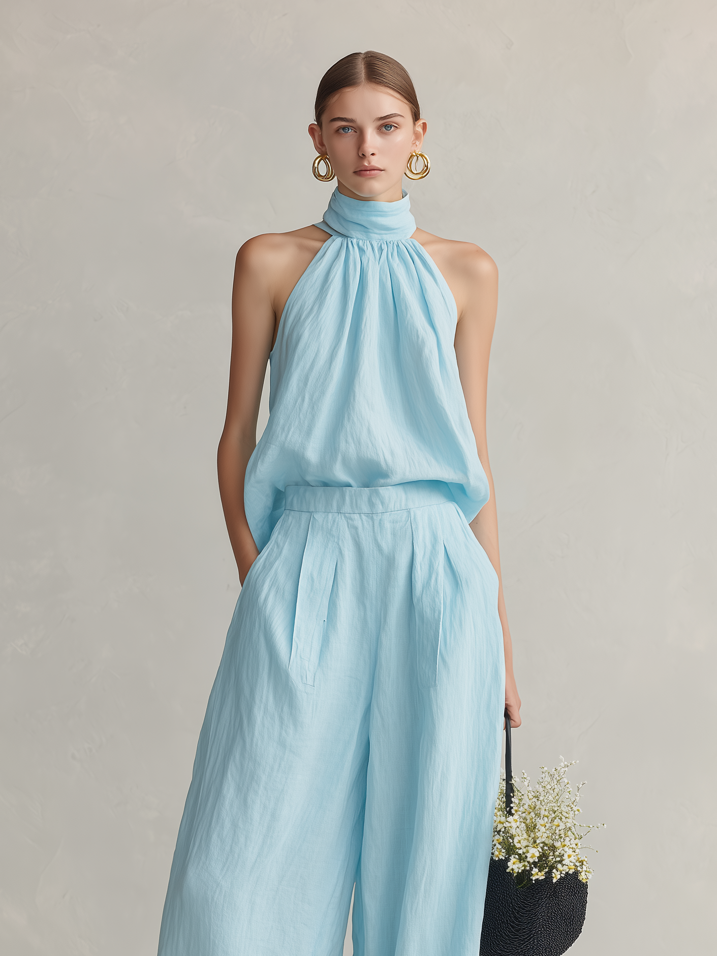 Women's Elegant Light Blue Cotton-Linen Round-Neck Sleeveless Top And Trousers Set