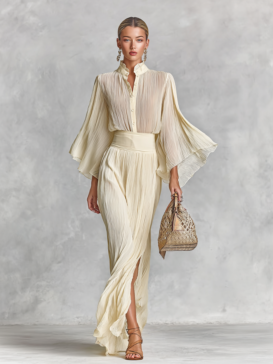 Women's Pleated Chiffon Stand Collar Trumpet Sleeve Shirt Slit Floor Length Skirt Two-piece Set