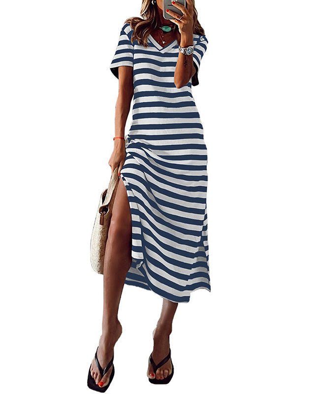 VENT STRIPE PRINT LONG DRESS