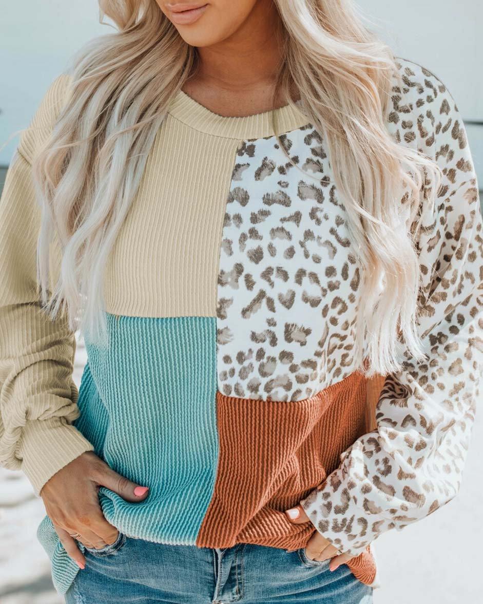 COLOR BLOCK LEOPARD PRINT SWEATER TOP