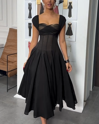 Sexy U Collar Waist Solid Color Pleated Maxi Dress