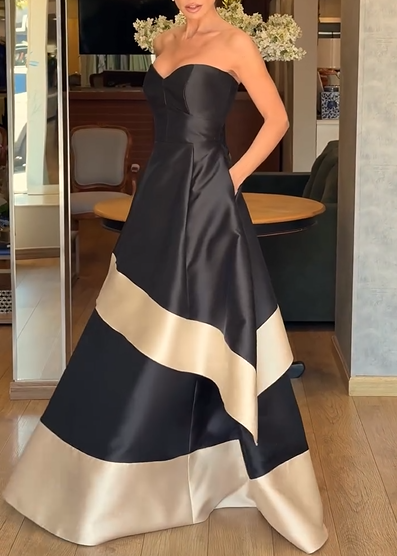 Sexy Sleeveless Tube Top Tight Waist Contrast Color Large Swing Maxi Dress