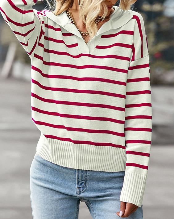 V NECK STRIPED KNIT SWEATER(4 COLORS)