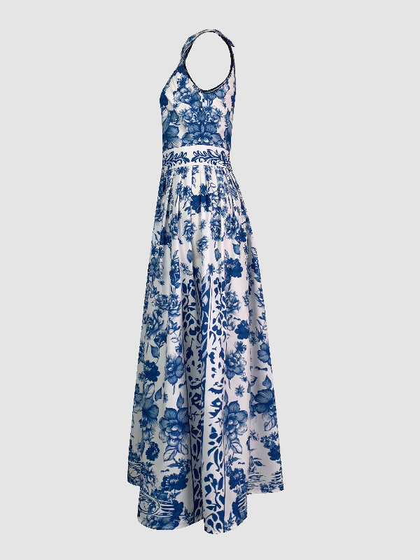 A-Line Loose Flower Print Split-Joint Lapel Maxi Dresses