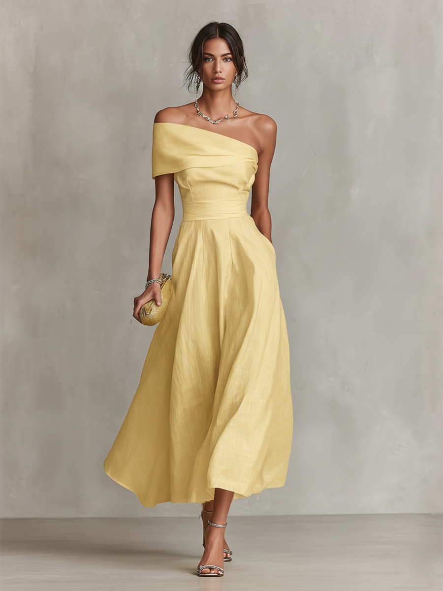 Women's Yellow Linen Dress With One-Shoulder Neckline & Fitted Waist, Timeless Elegant-Chic Style Dress