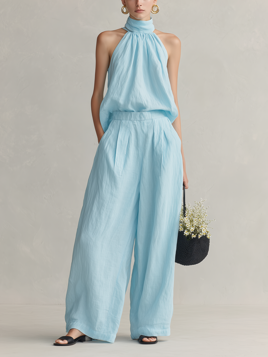 Women's Elegant Light Blue Cotton-Linen Round-Neck Sleeveless Top And Trousers Set