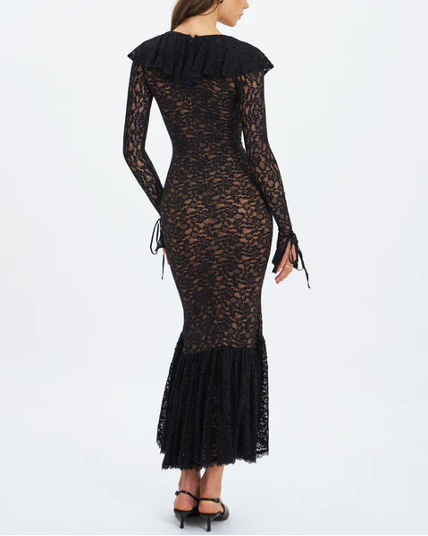 Sexy Long Sleeve Low-Cut Lace Stitching Midi Dress