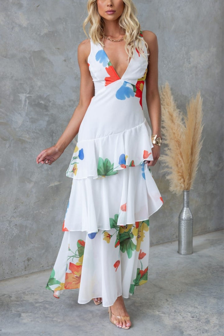 REFRESHING FLORAL PRINT BACK LACE-UP MULTI-TEIR RUFFLE HEM MAXI DRESS