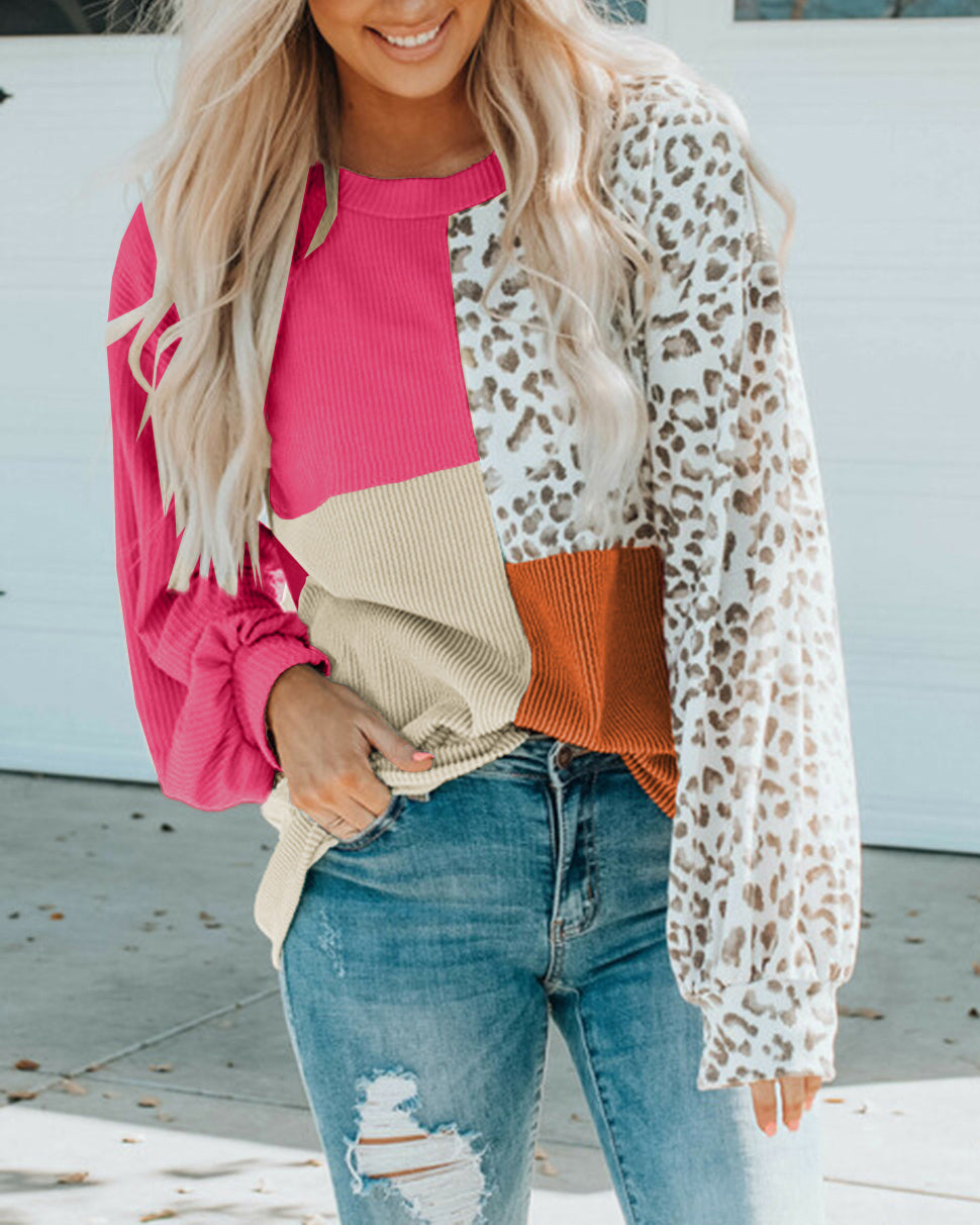 COLOR BLOCK LEOPARD PRINT SWEATER TOP