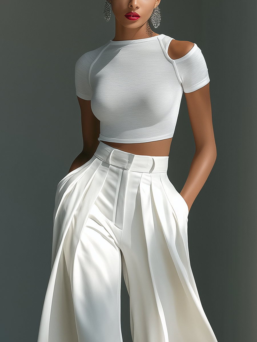 Women's White Two-Piece Set With Cold-Shoulder Crop Top & High-Waisted Wide-Leg Trousers