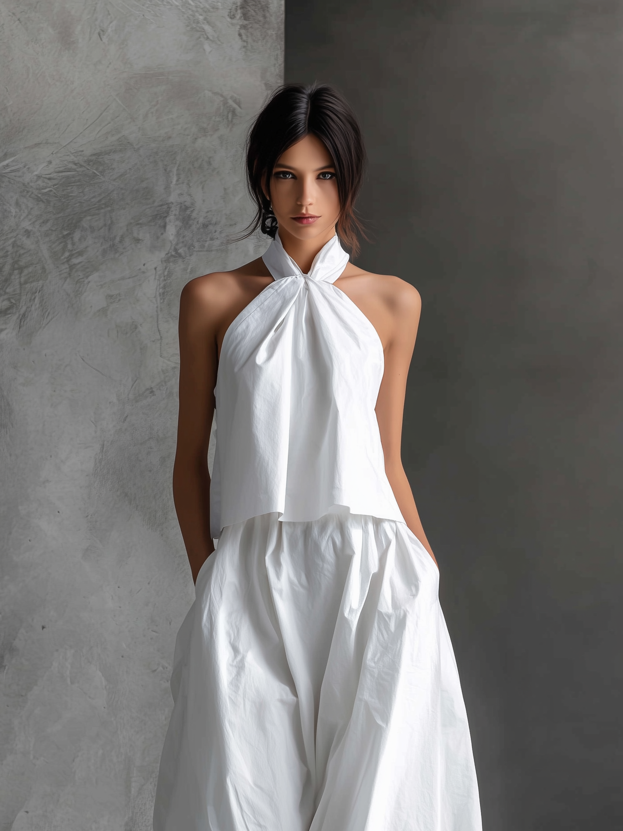 Women's Casual White Cotton And Linen Halter-neck Sleeveless Top And Skirt Set