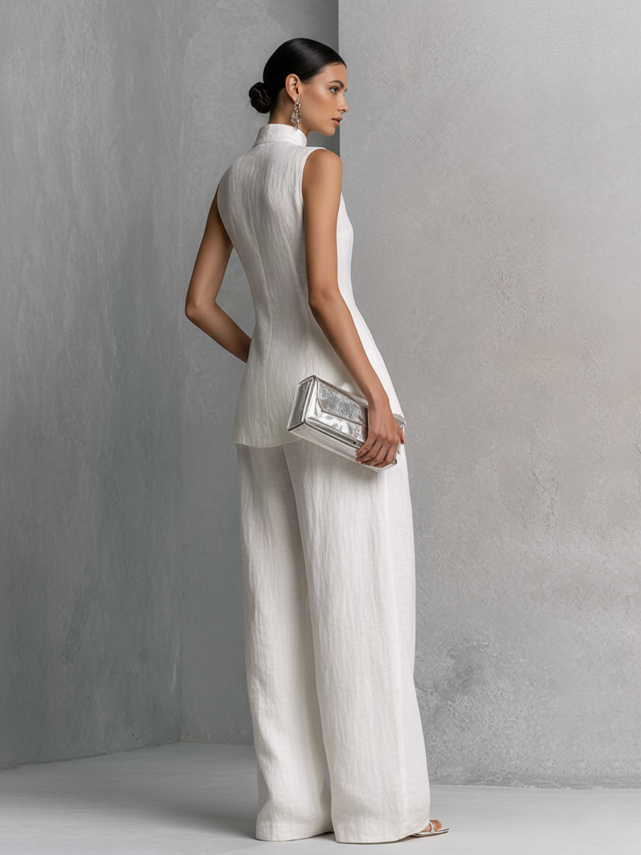Women's Elegant White Cotton Linen Sleeveless Top and Wide-Leg Pants Set
