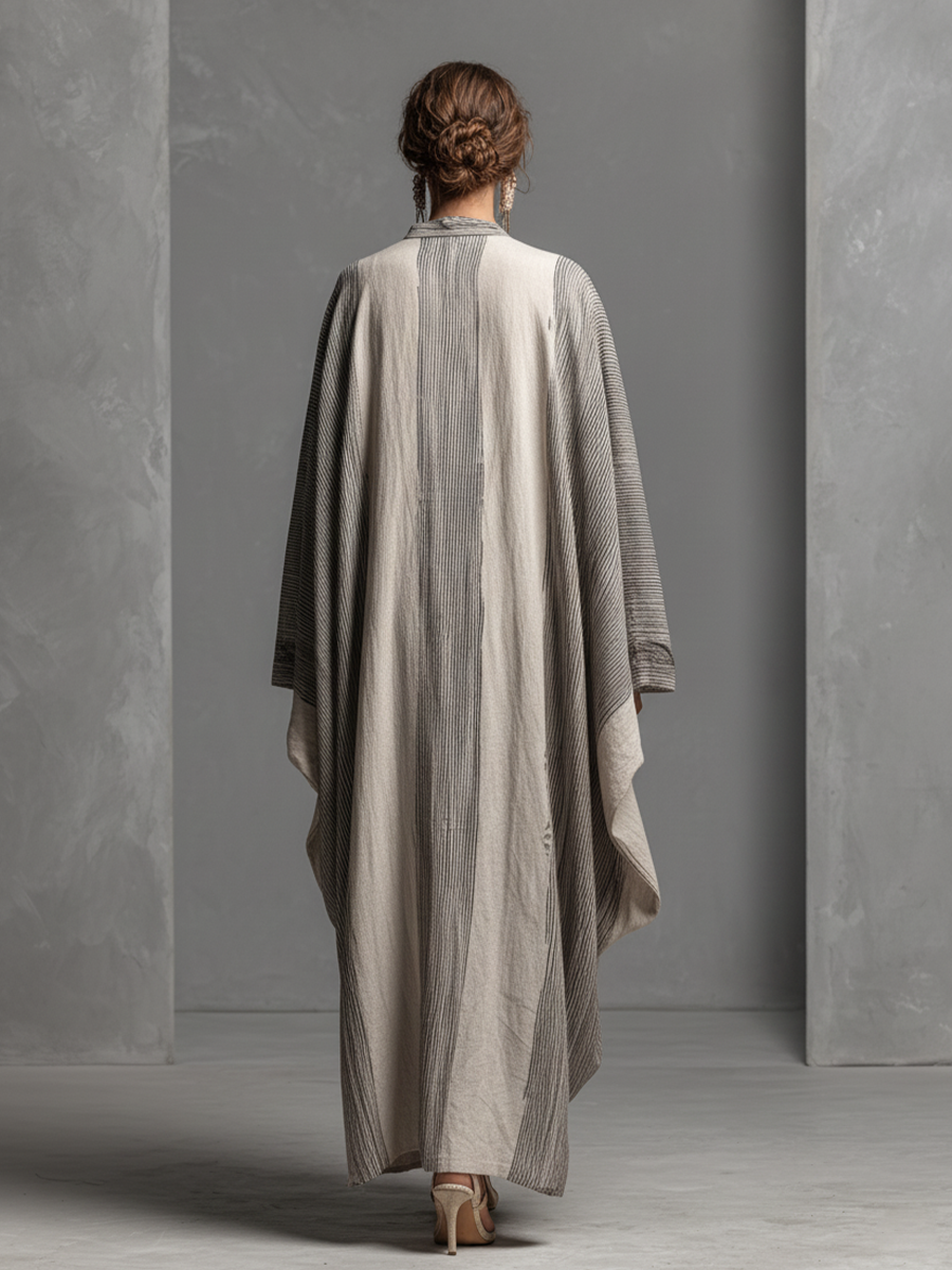 Women's Boho Striped V-Neck Cotton Linen Oversized Kaftan Maxi Dress