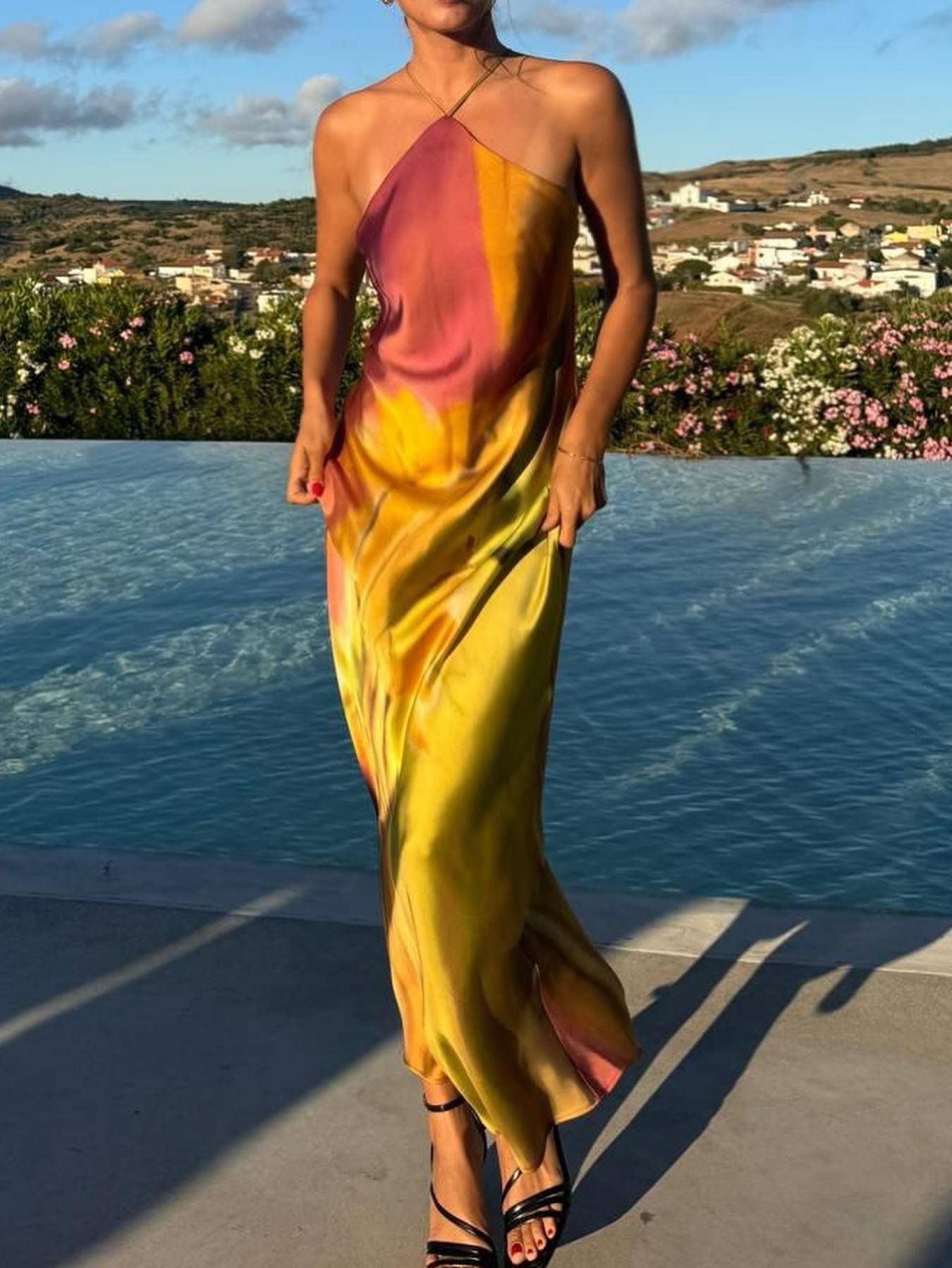 Satin Printed Backless Dress