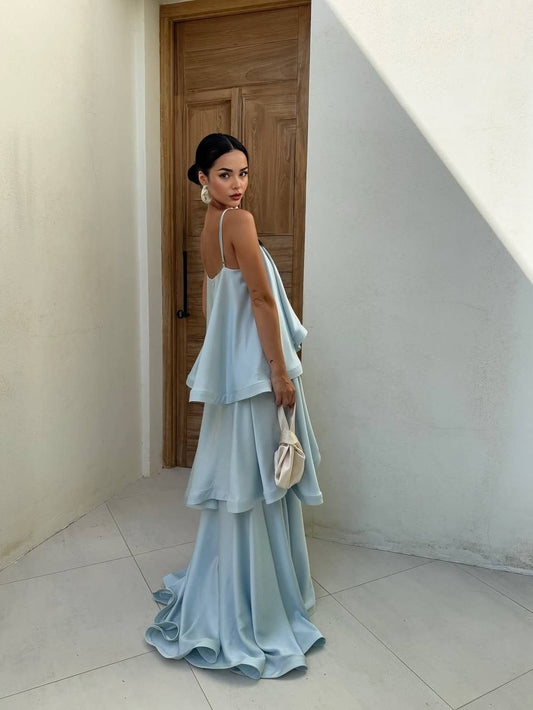 Elegant Three-layer Ruffle Sling Maxi Dress